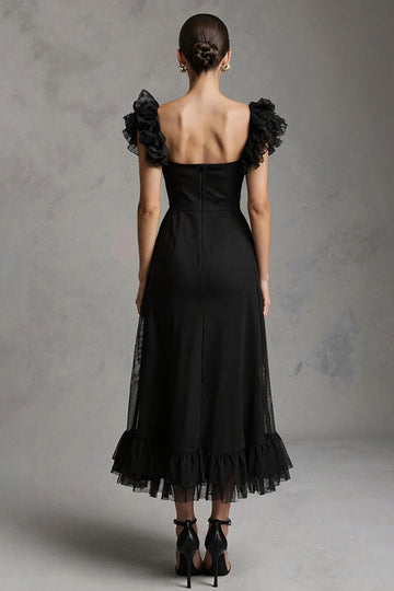 Black A Line Square Neck Maxi Formal Dress with Ruffles